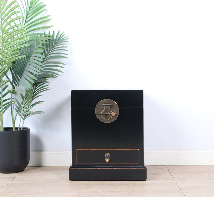 Chinesische Truhe schwarz Massivholz mit Schublade Messingbeschlag | Yajutang