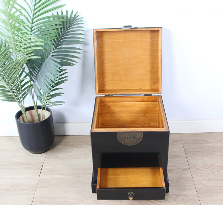 Chinesische Truhe schwarz Massivholz mit Schublade Messingbeschlag | Yajutang