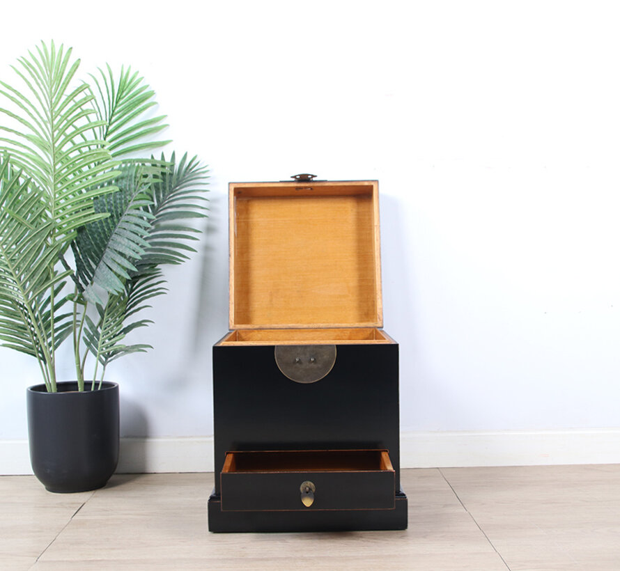 Chinesische Truhe schwarz Massivholz mit Schublade Messingbeschlag | Yajutang