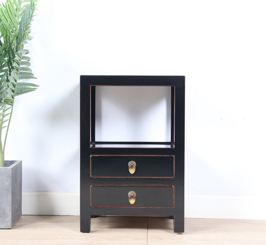 Beistelltisch aus Massivholz schwarz lackiert, 2 Schubladen, offenes Fach