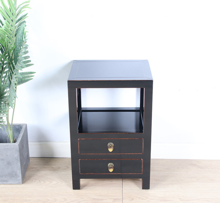 Chinese Solid Wood Side Table – black lacquer, 2 drawers, open shelf