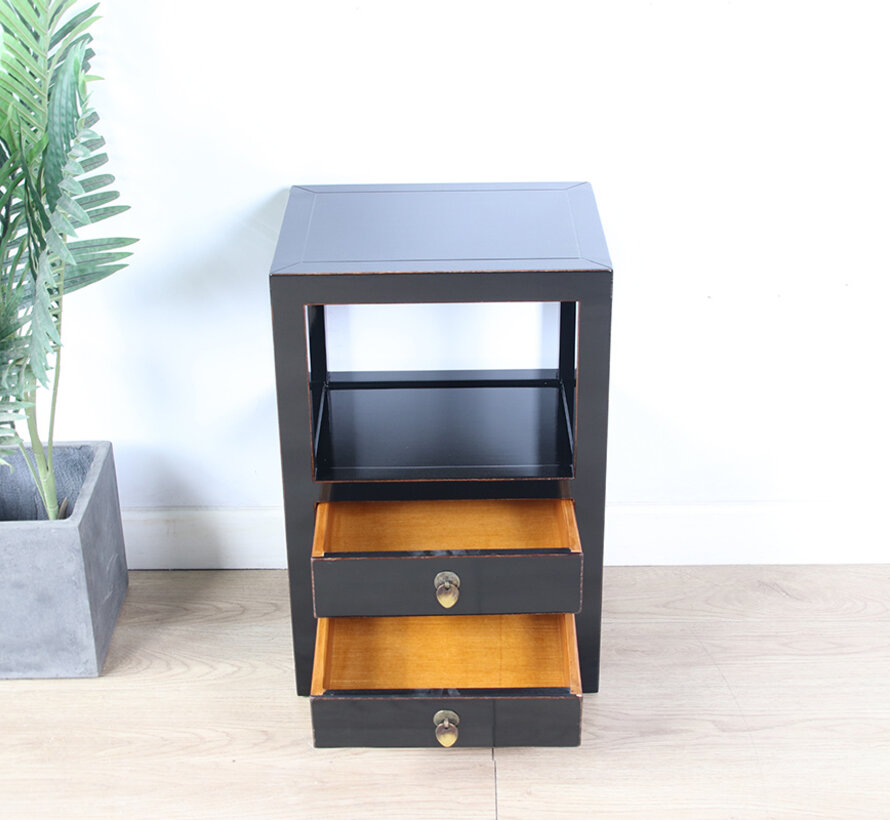 Chinese Solid Wood Side Table – black lacquer, 2 drawers, open shelf