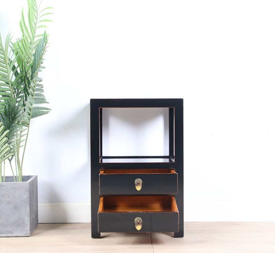 Chinese Solid Wood Side Table – black lacquer, 2 drawers, open shelf