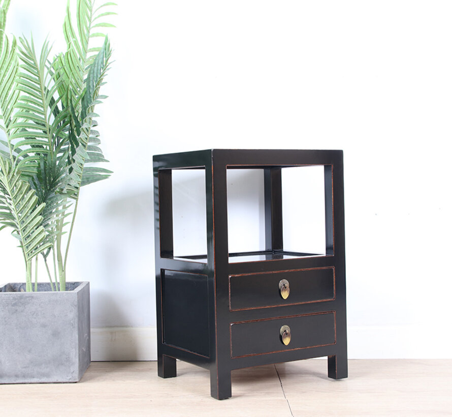 Chinese Solid Wood Side Table – black lacquer, 2 drawers, open shelf