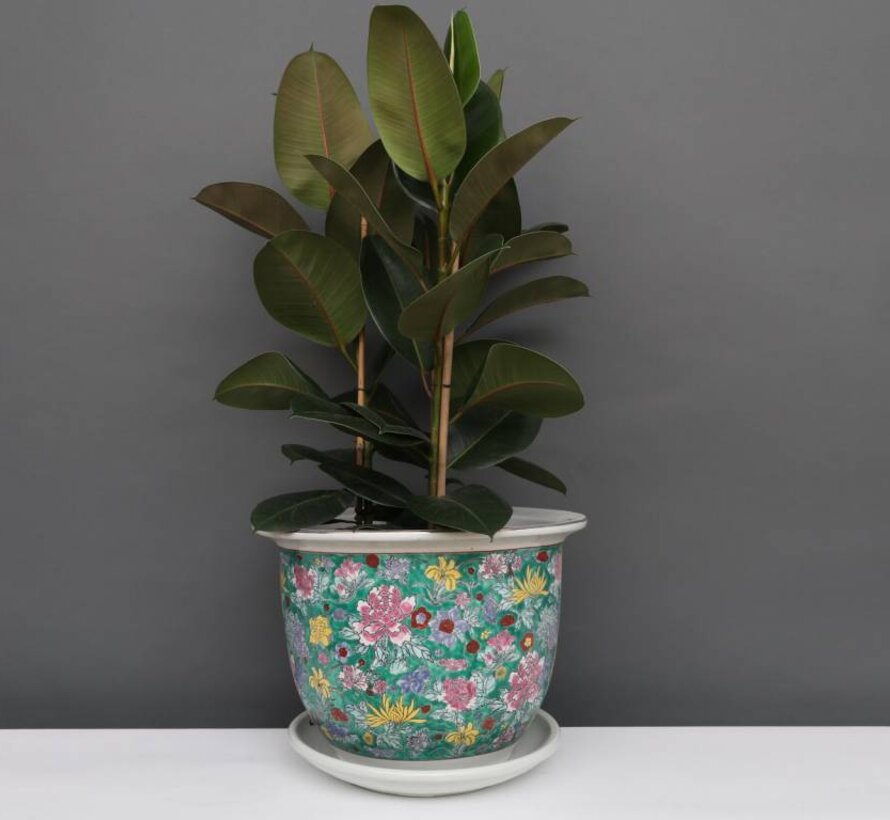Flower pot with saucer made of porcelain painting green floral motif Ø 17cm