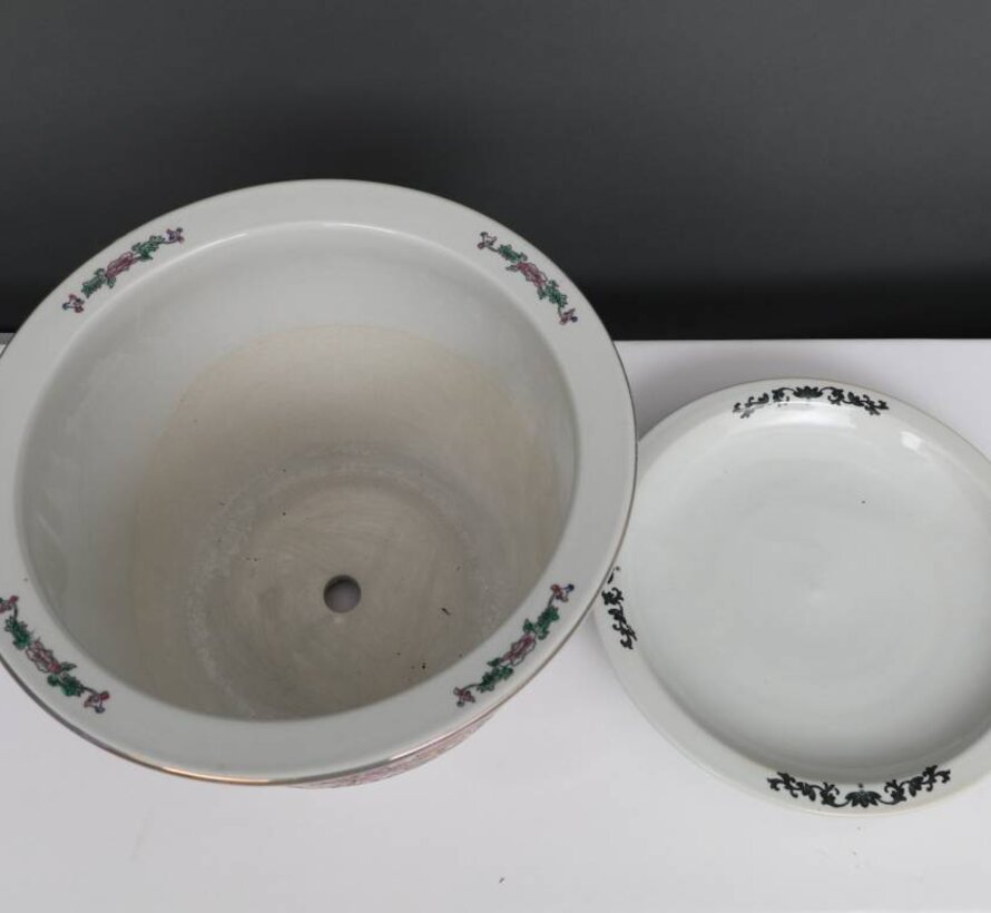 Flower pot with saucer made of porcelain painting green floral motif Ø 20