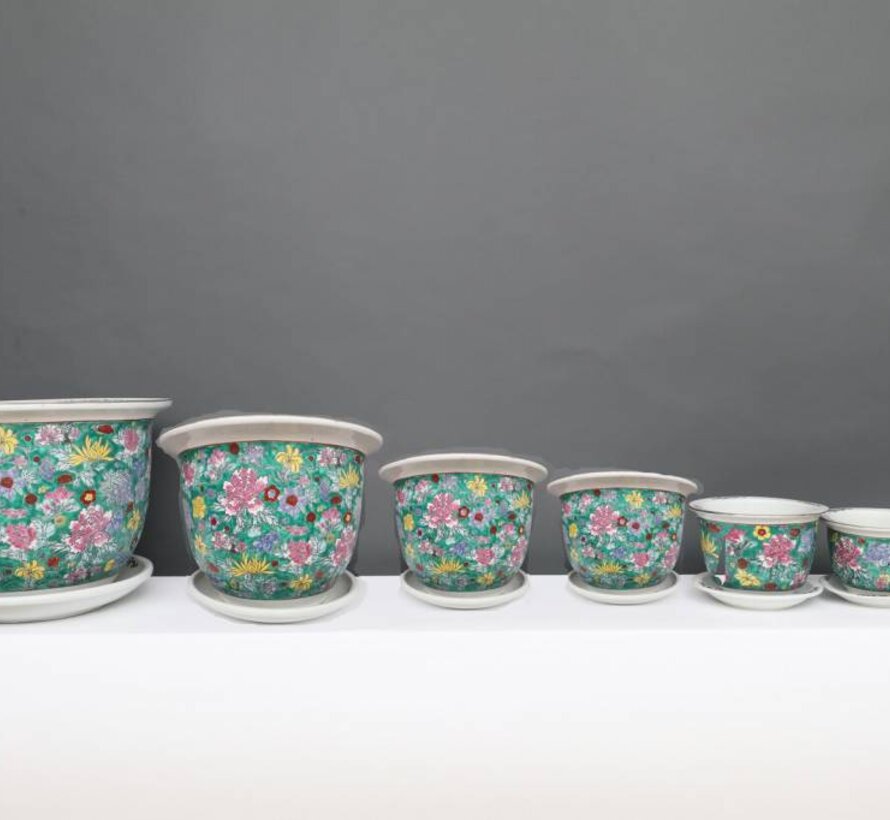 Flower pot with saucer made of porcelain painting green floral motif Ø 40