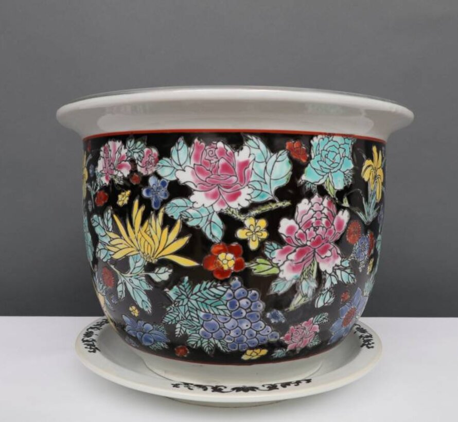 Porcelain flowerpot black colorful flowers Maximum outer edge Ø 40