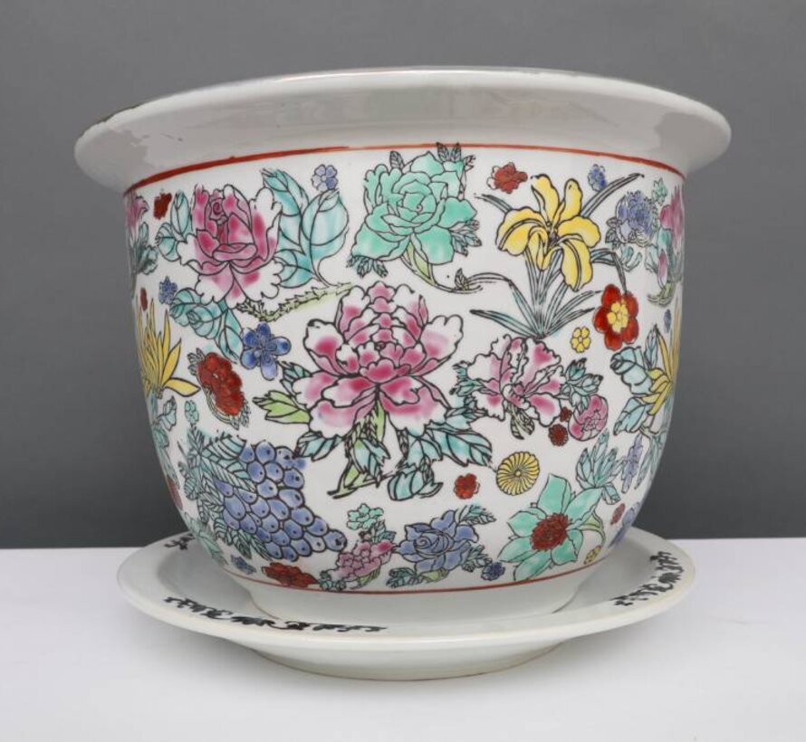 China Porcelain flowerpot white with colorful flowers Ø 40