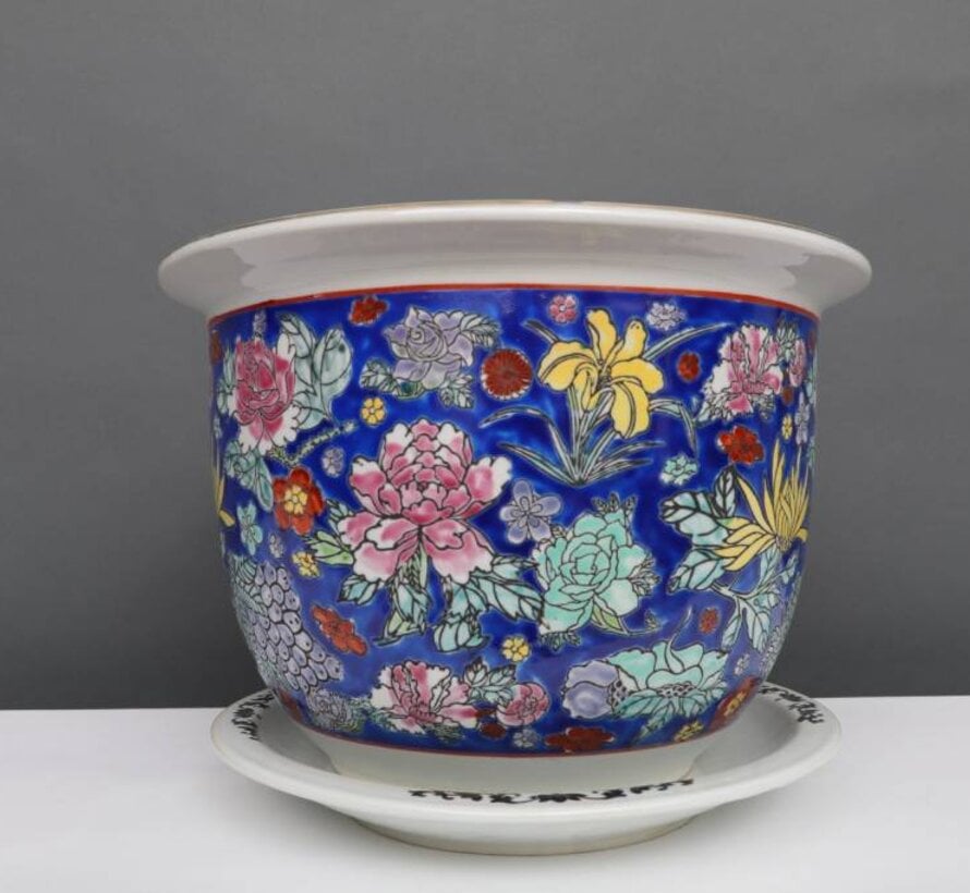 Porcelain flowerpot blue colorful flowers Maximum outer edgeØ 40