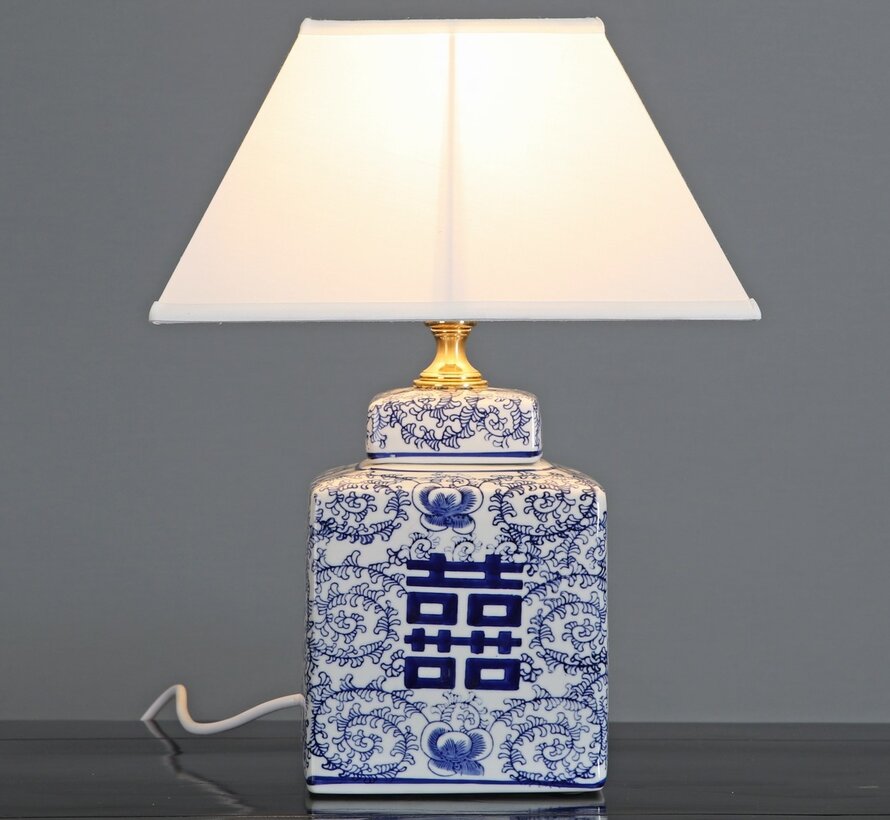 Chinese Vase Lamp with double happiness floral Motifs Blue Painting