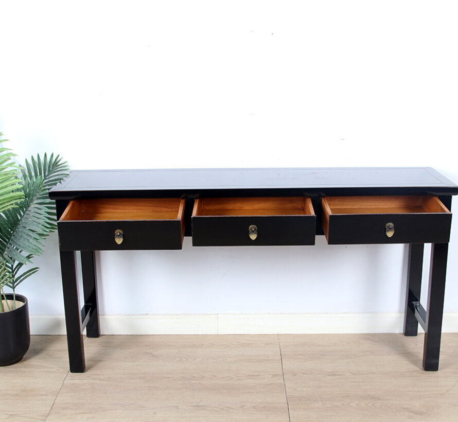 console table black with natural wood edging 3 drawers