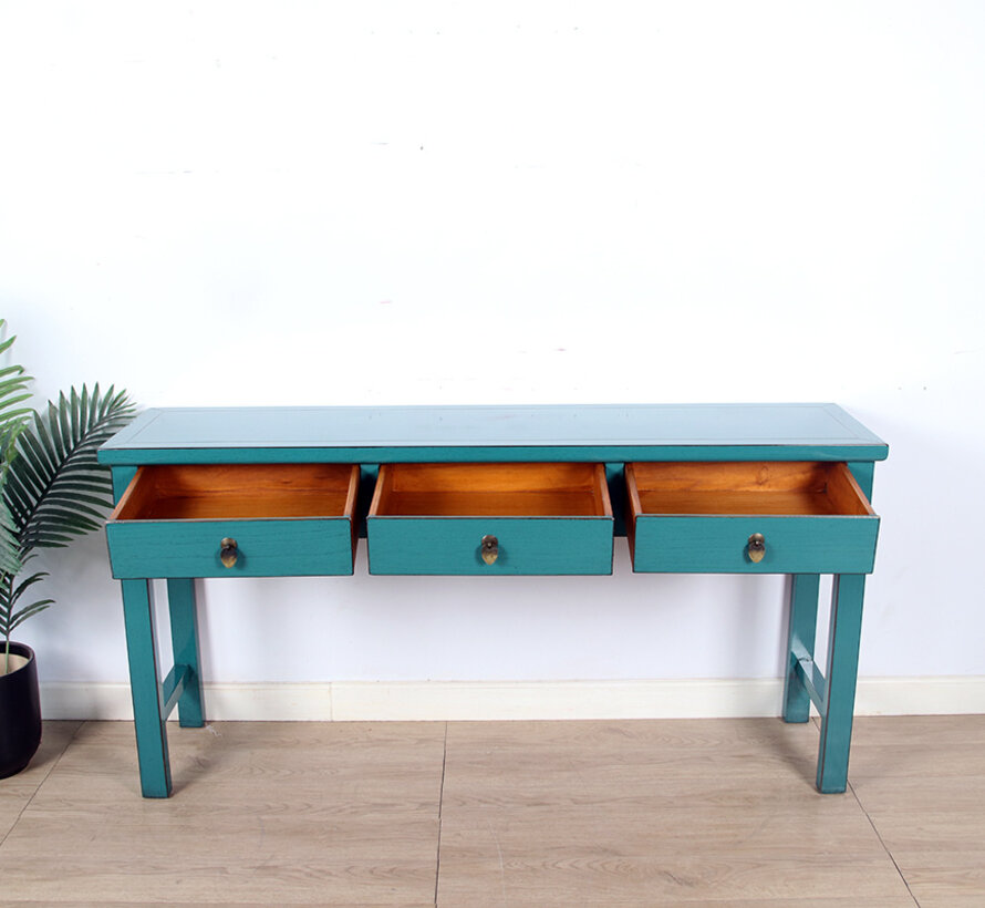 console table black with natural wood edging 3 drawers