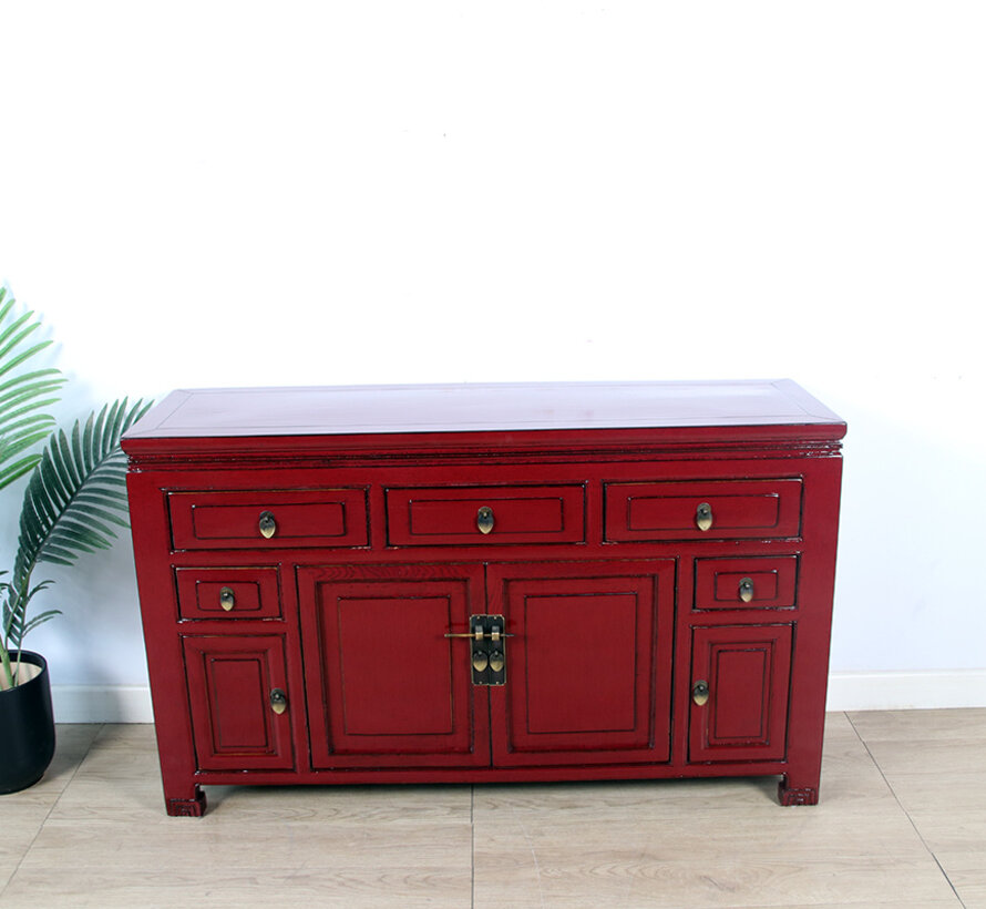 Antique Asian sideboard full of character in dark red