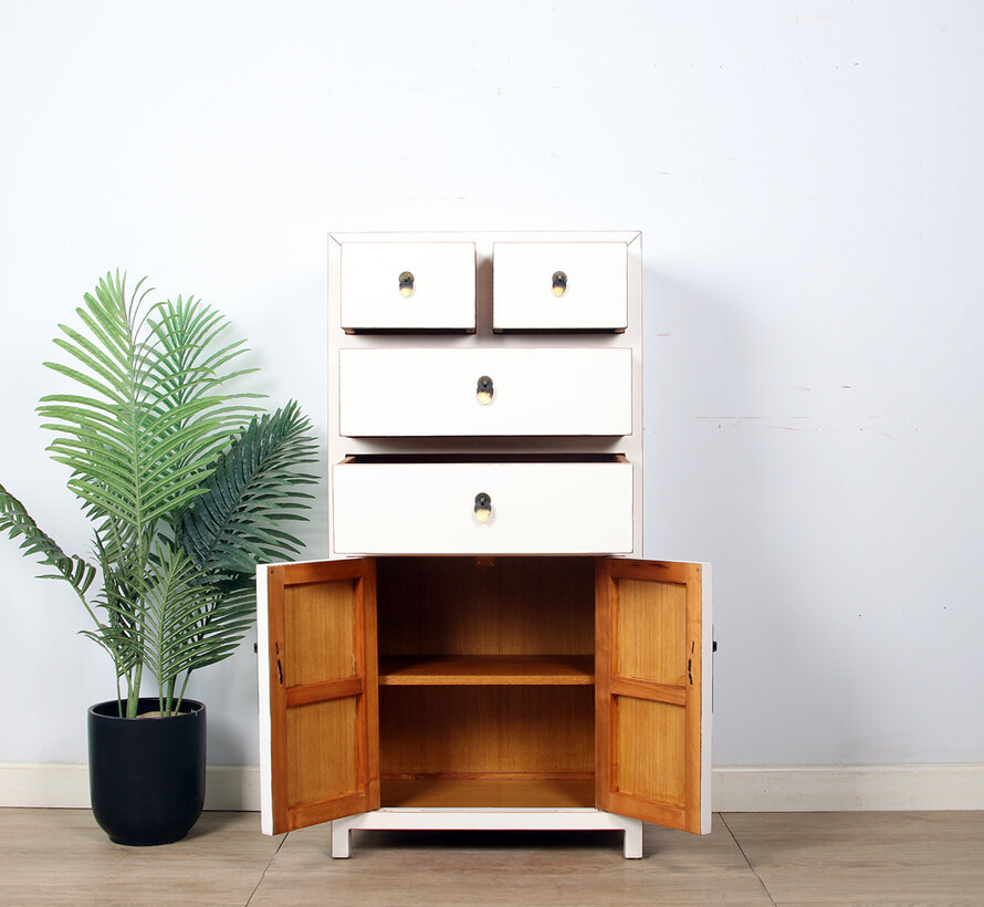 chinesische Kommode Sideboard 4 Schub 2 Türen Cremeweiß
