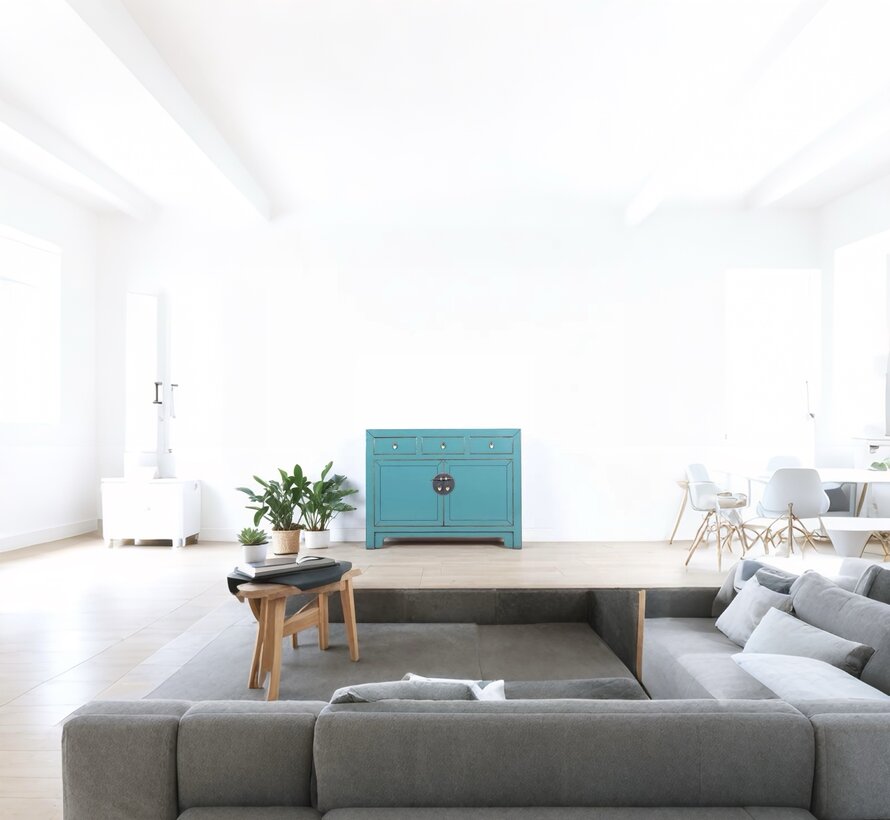 chinesische Kommode Sideboard 3 Schubladen 2 Türen türkis RAL5018