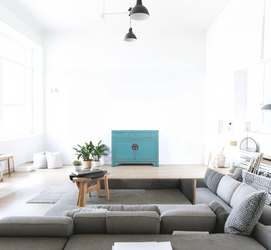 chinesische Kommode Sideboard 3 Schubladen 2 Türen türkis RAL5018