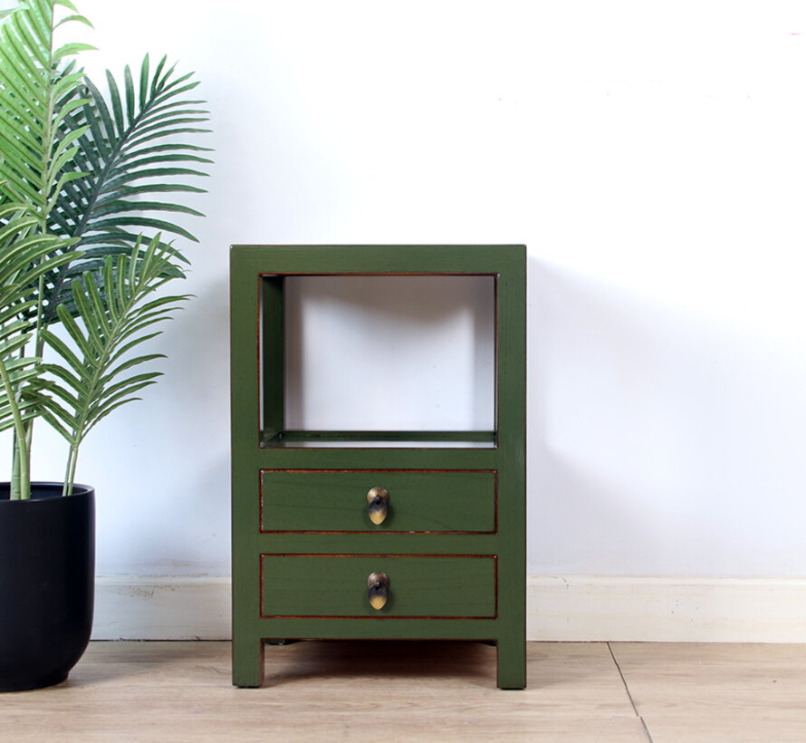 Chinese Solid Wood Side Table – olive green lacquer, 2 drawers, open shelf