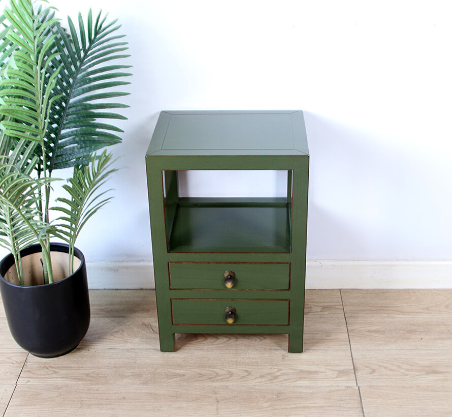 Chinese Solid Wood Side Table – olive green lacquer, 2 drawers, open shelf