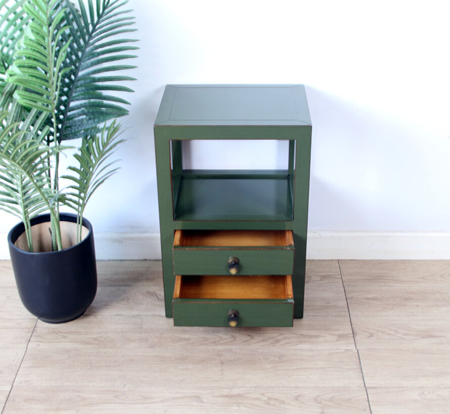 Chinese Solid Wood Side Table – olive green lacquer, 2 drawers, open shelf