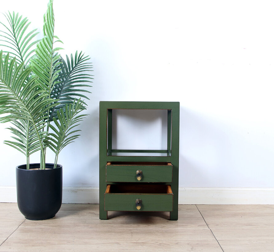 Chinese Solid Wood Side Table – olive green lacquer, 2 drawers, open shelf