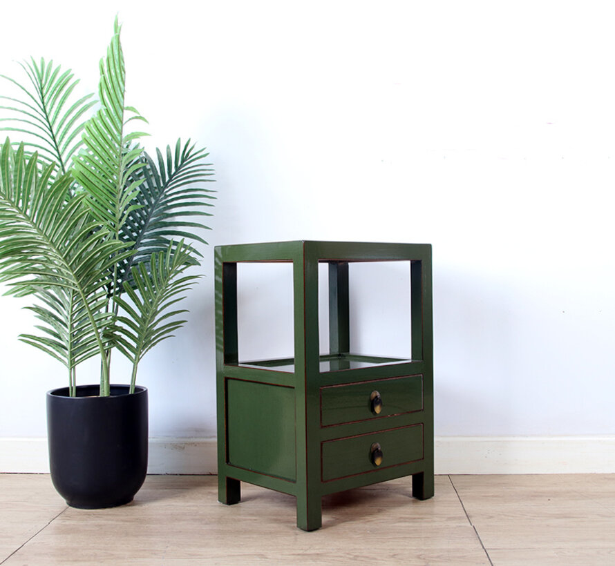 Chinese Solid Wood Side Table – olive green lacquer, 2 drawers, open shelf