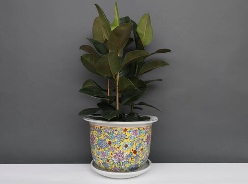 Yajutang Blumentopf Gelb mit bunten Blumen Ø 26