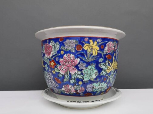 Yajutang Blumentopf Blau mit bunten Blumen Ø30