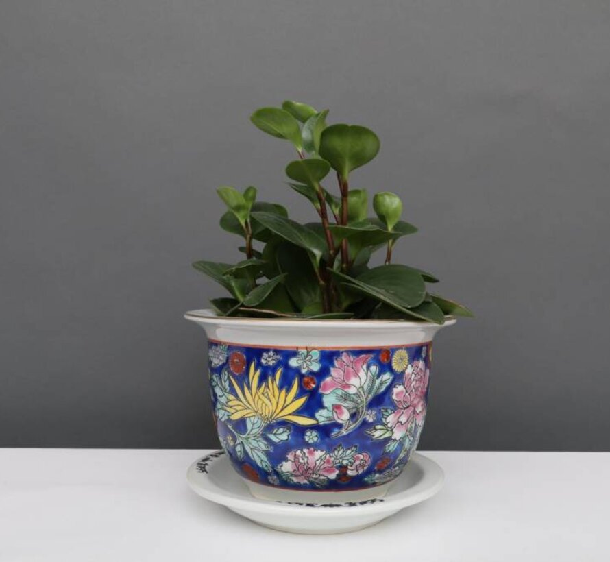 Porcelain flowerpot blue colorful flowers Ø13