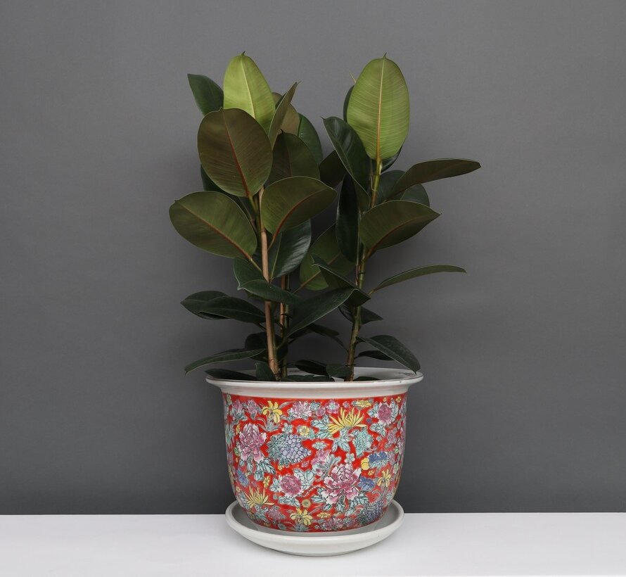 Porzellan Blumentopf  rot bunte Blumen  Ø22