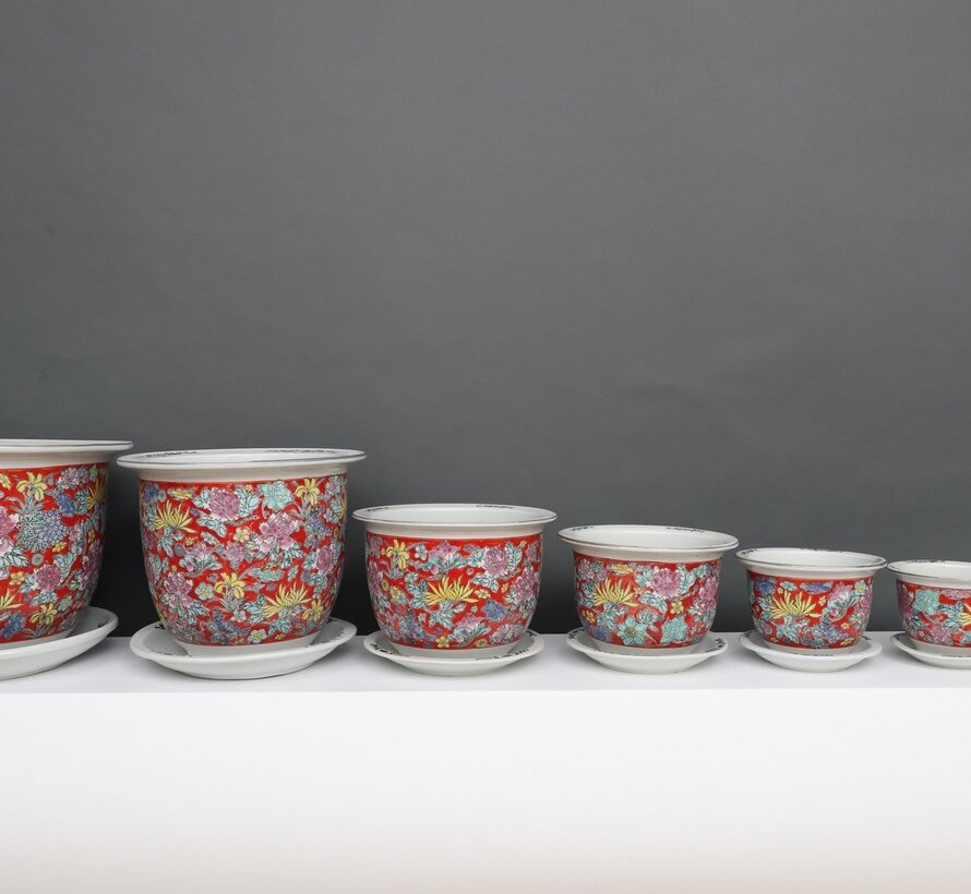Porcelain flowerpot red colorful flowers  Ø 19