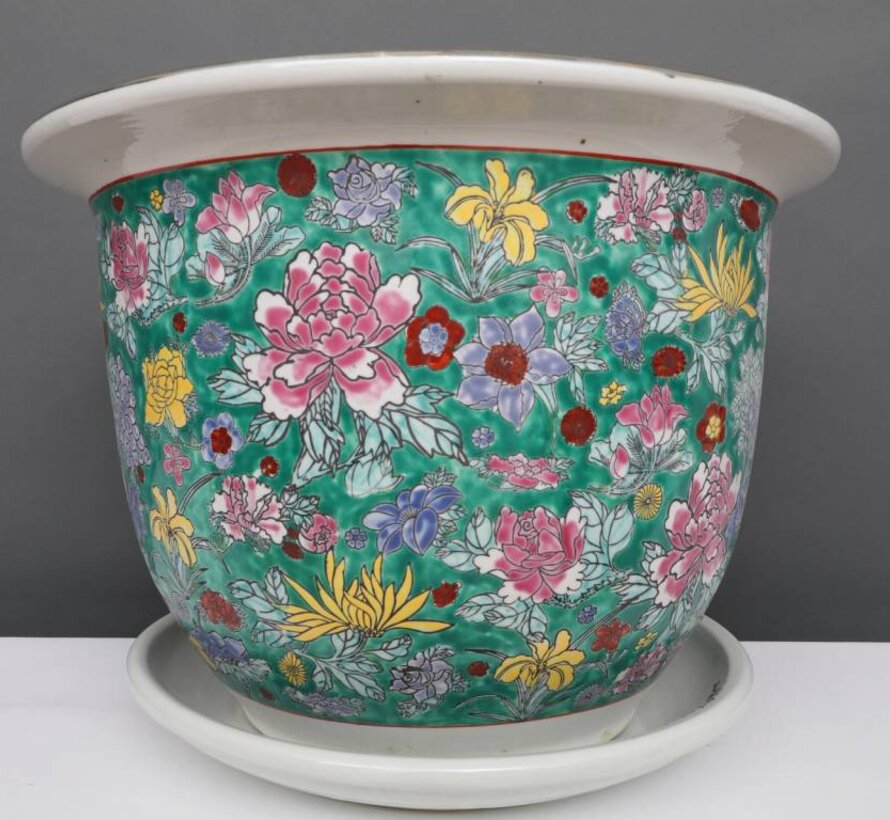 Blumentopf mit Untersetzer aus Porzellan Grünmalerei Blumenmotiv Ø26