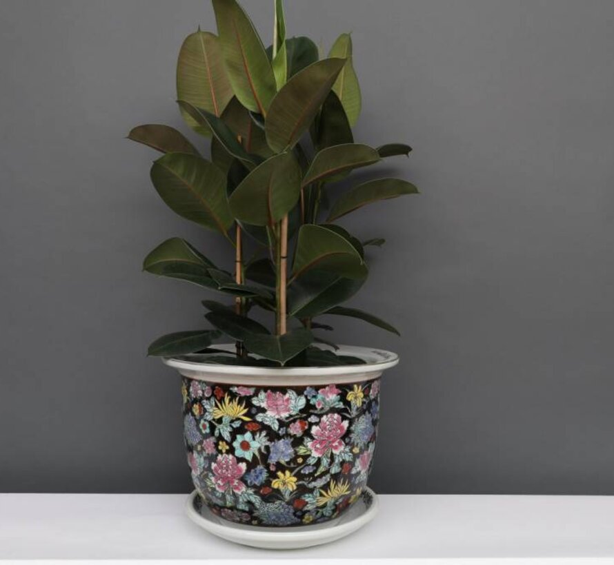 Porcelain flowerpot black colorful flowers Ø30