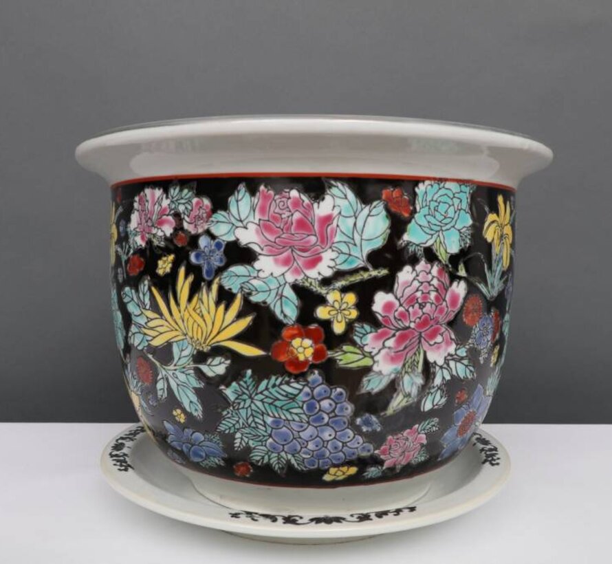 Porcelain flowerpot black colorful flowers Ø13