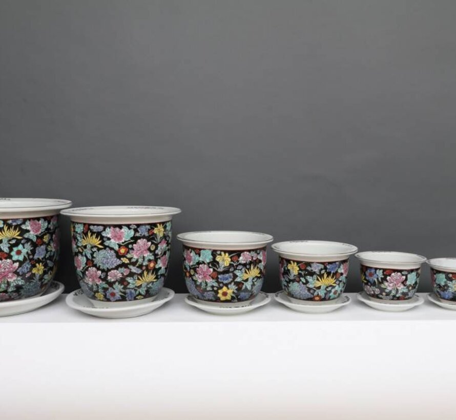 Porcelain flowerpot black colorful flowers Ø19