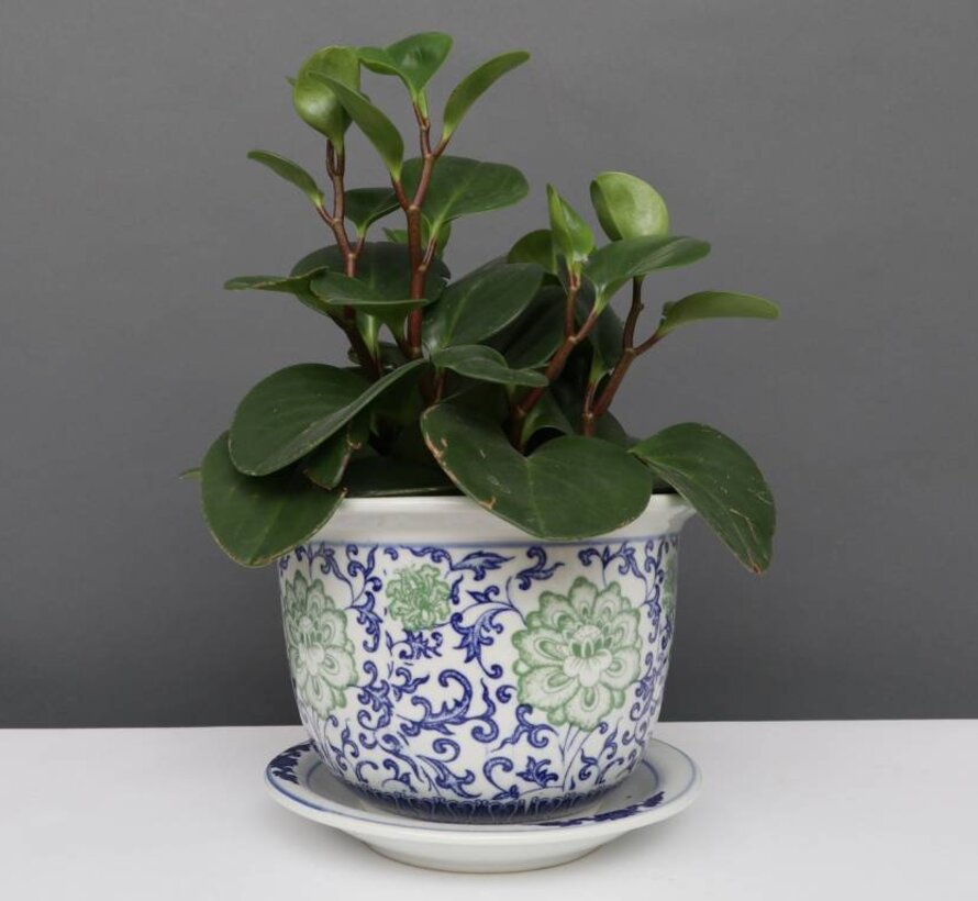 China porcelain flowerpot blue-white with green flowers Ø22