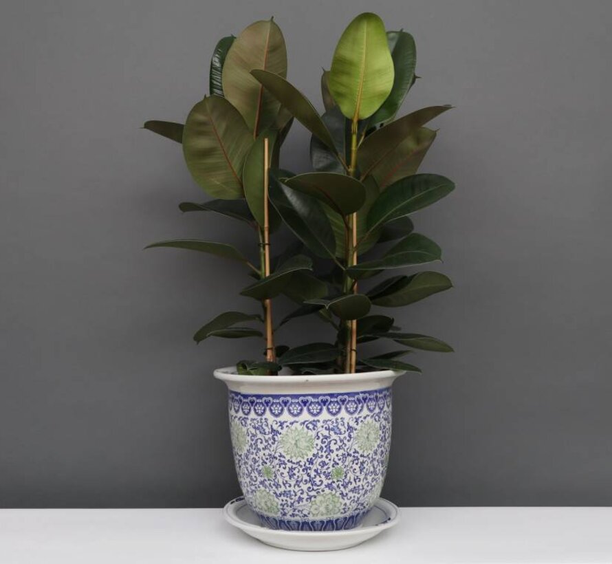 China Porzellan Blumentopf Blau-Weiß mit grünen Blumen Ø22