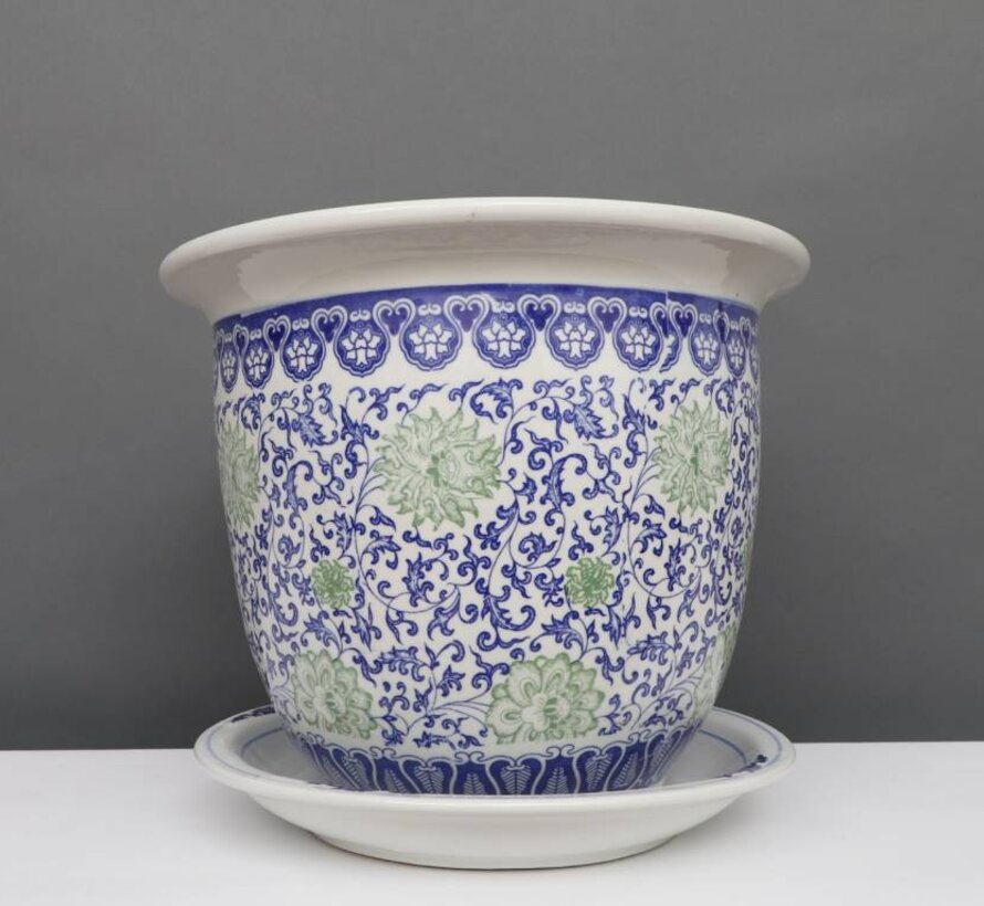 China porcelain flowerpot blue-white with green flowers Ø22