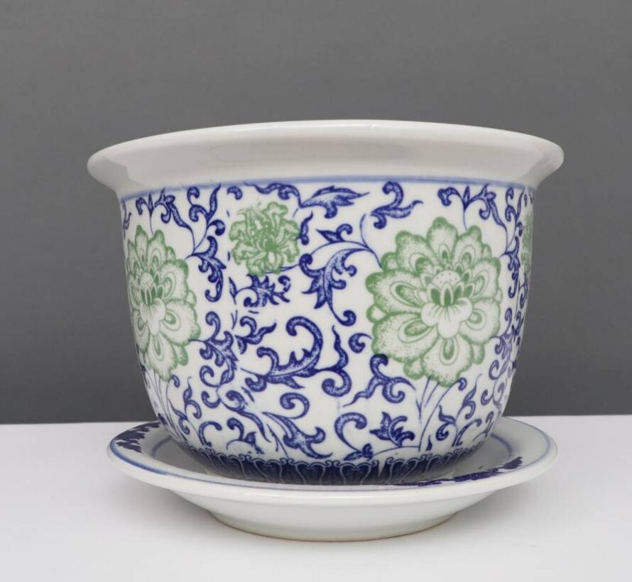 China Porzellan Blumentopf Blau-Weiß mit grünen Blumen Ø19
