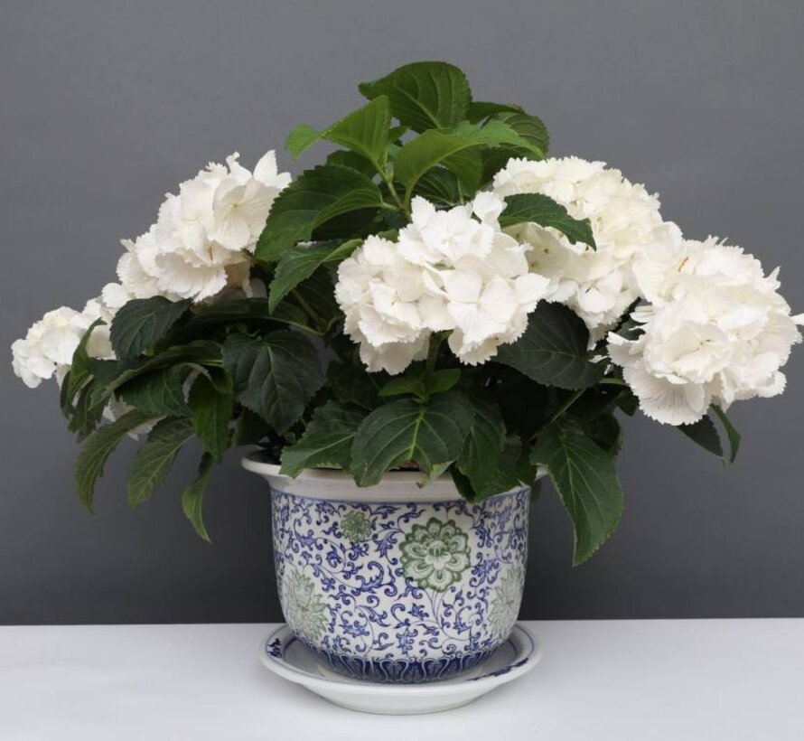 China porcelain flowerpot blue-white with green flowers Ø19