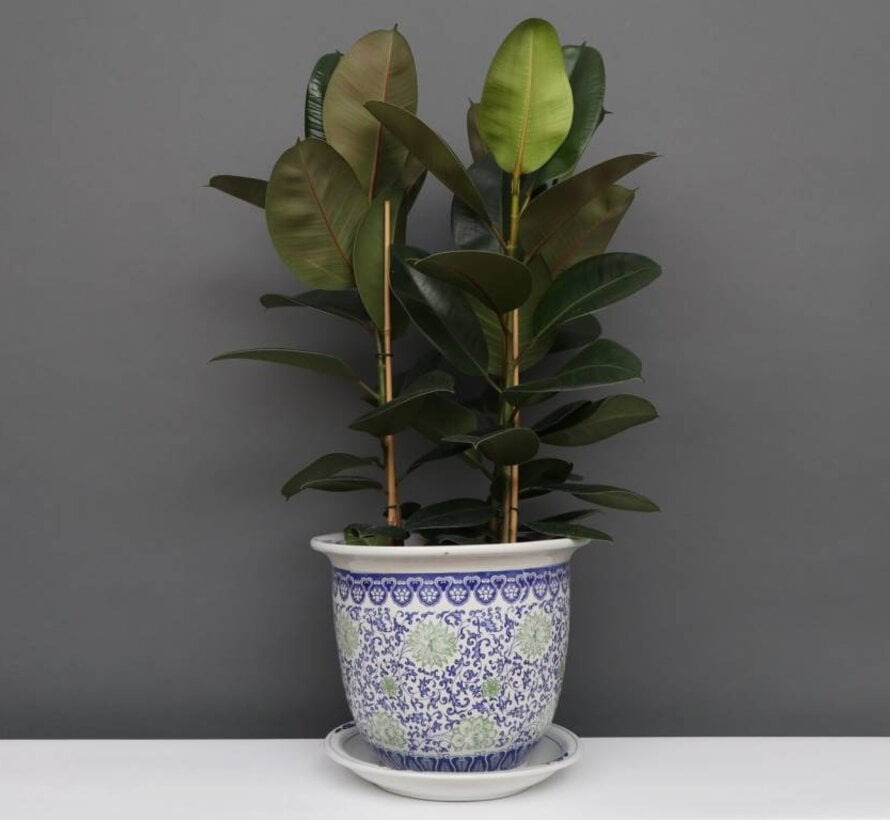 China porcelain flowerpot blue-white with green flowers Ø19