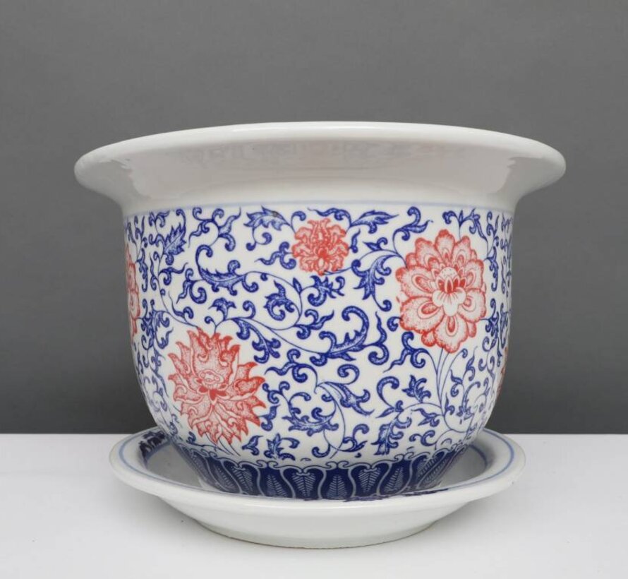 China Porcelain Flowerpot Blue-White with red Flowers Ø 13