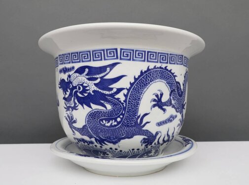 Yajutang Blumentopf Blau-Weiß & Drachenmotiv Ø19
