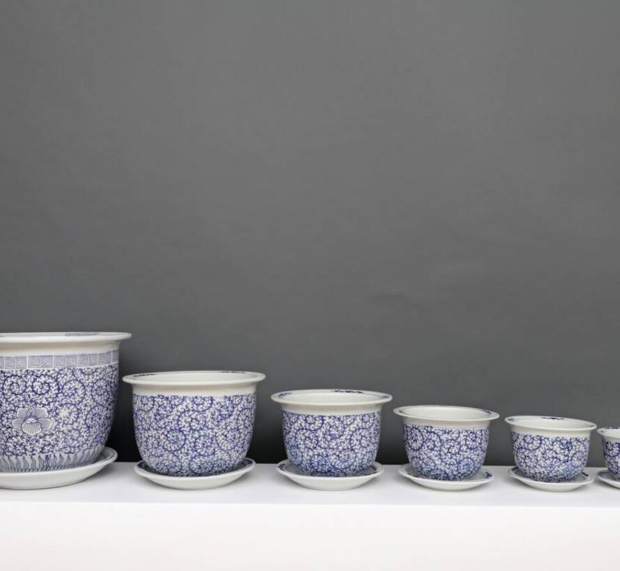 Blumentopf Blau-Weiß & Schneckeblatt Ø 30