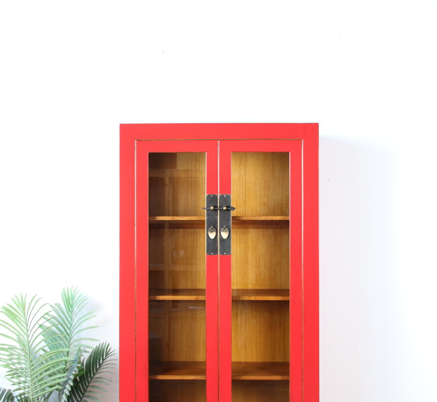 Solid Wood Display Cabinet – red lacquer, 2 glass doors, 2 drawers