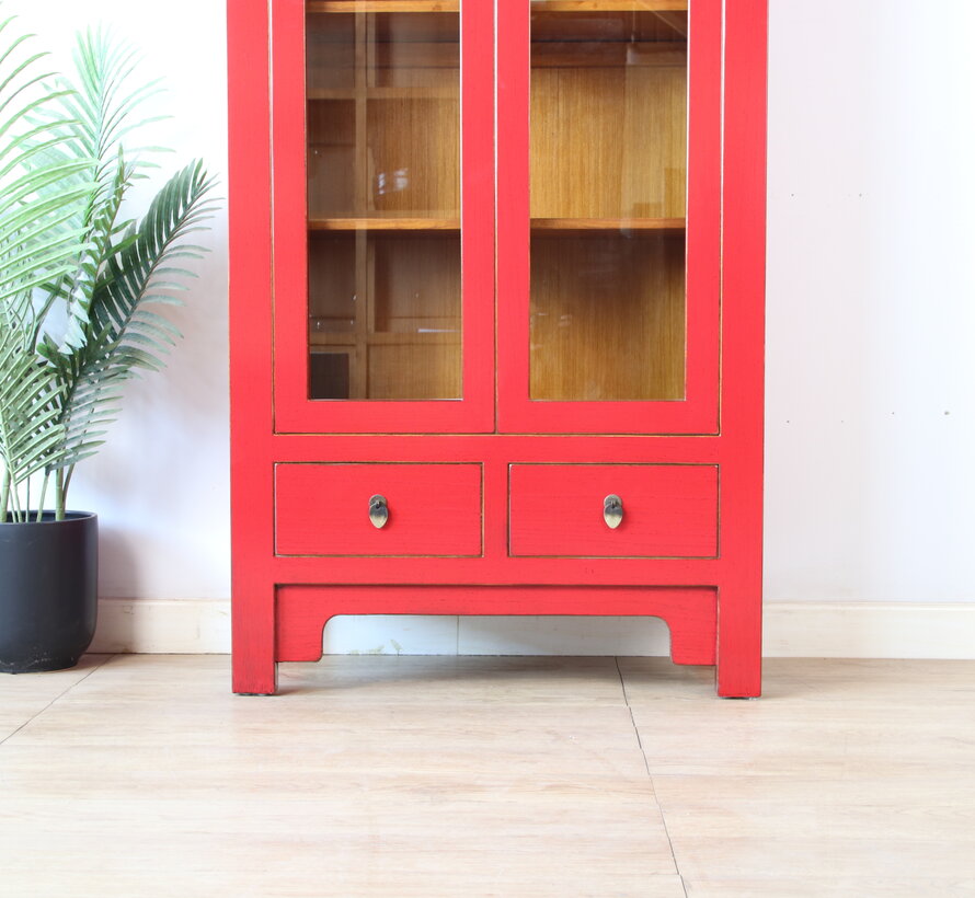 Solid Wood Display Cabinet – red lacquer, 2 glass doors, 2 drawers