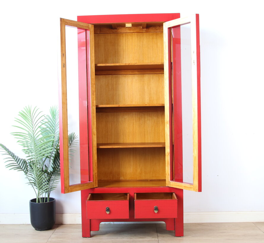 Solid Wood Display Cabinet – red lacquer, 2 glass doors, 2 drawers