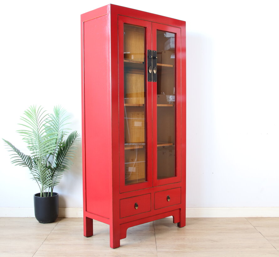 Solid Wood Display Cabinet – red lacquer, 2 glass doors, 2 drawers