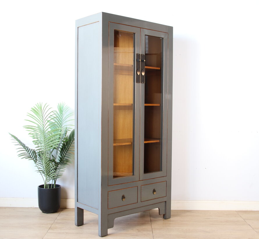 Chinesische Vitrine aus Massivholz  grau lackiert 2 Glastüren 2 Schubladen