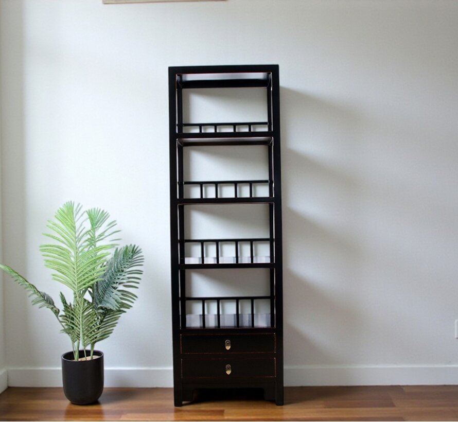 Solid wood shelf cabinet in black with 2 drawers